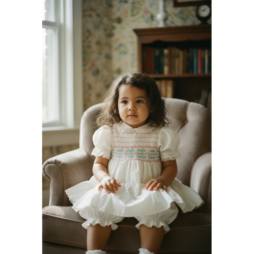 Polly Flinders Girls Dress 2T White Smocked Swiss Dot Pink vintage christening